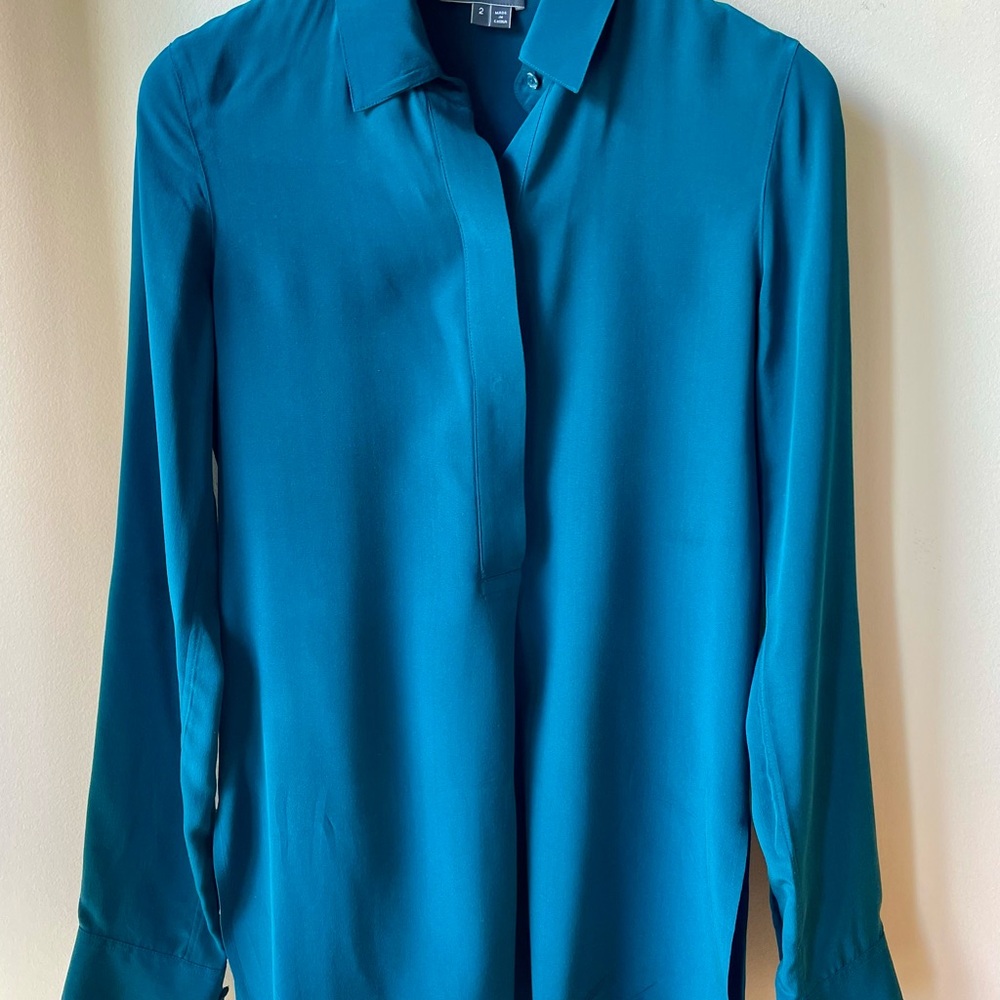Vince Half-Placket Silk Blouse in Teal sz 2